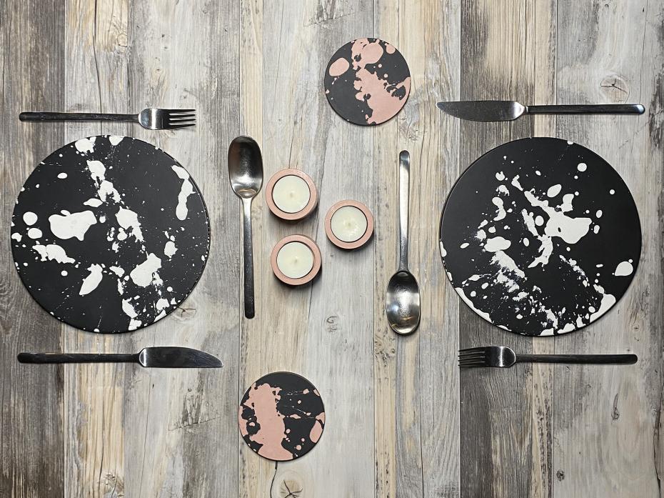 CONCRETE & WAX Table Setting for Two - black/white/blush splatter